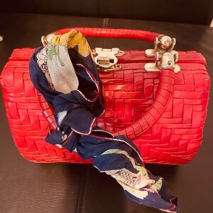 Red Woven Handbag with Scarf Accent